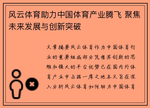 风云体育助力中国体育产业腾飞 聚焦未来发展与创新突破